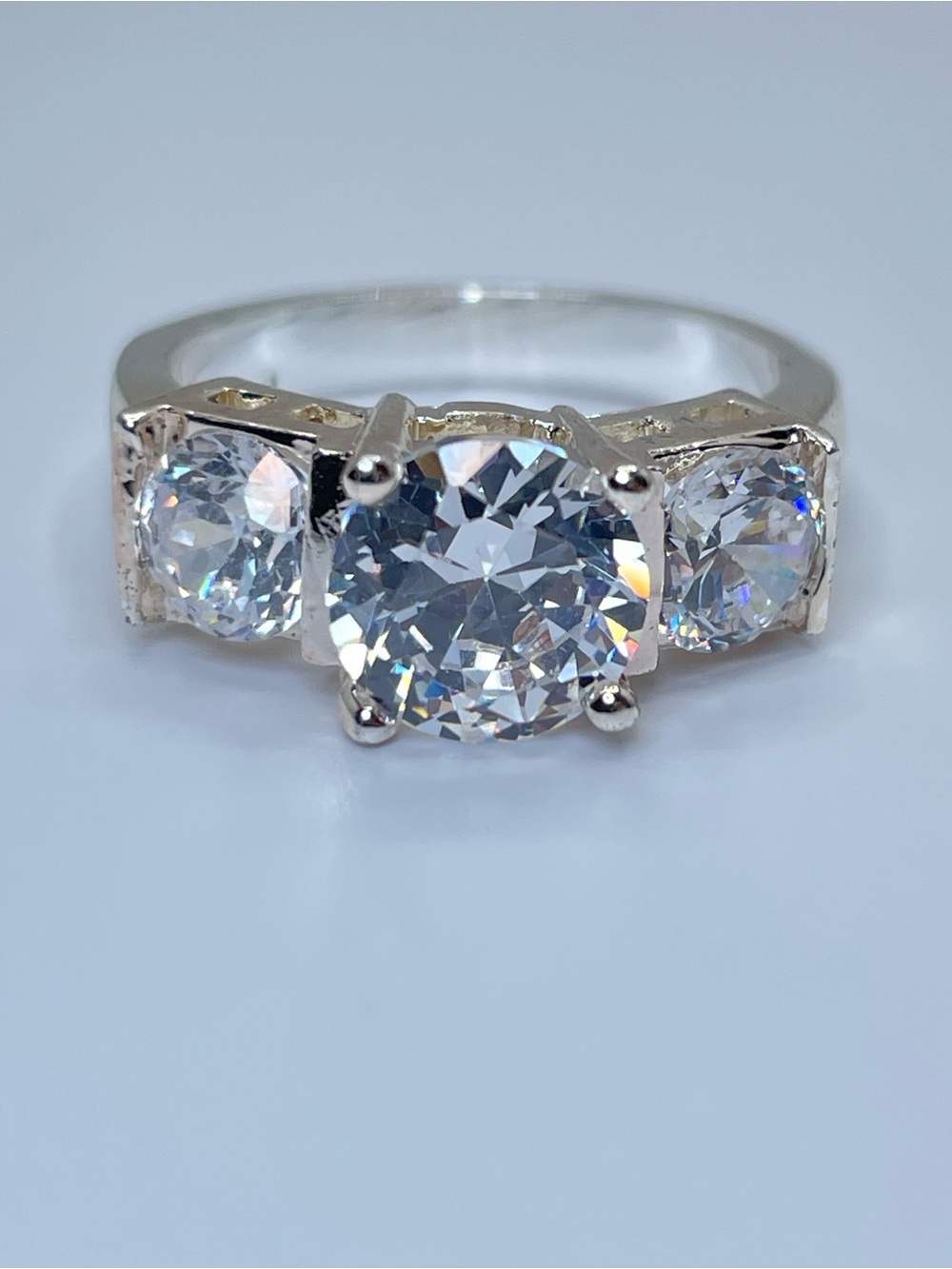 Swarovski Crystal Elements 3 Stone Ring Round Cut Silver Sz 6 Statement Bridal